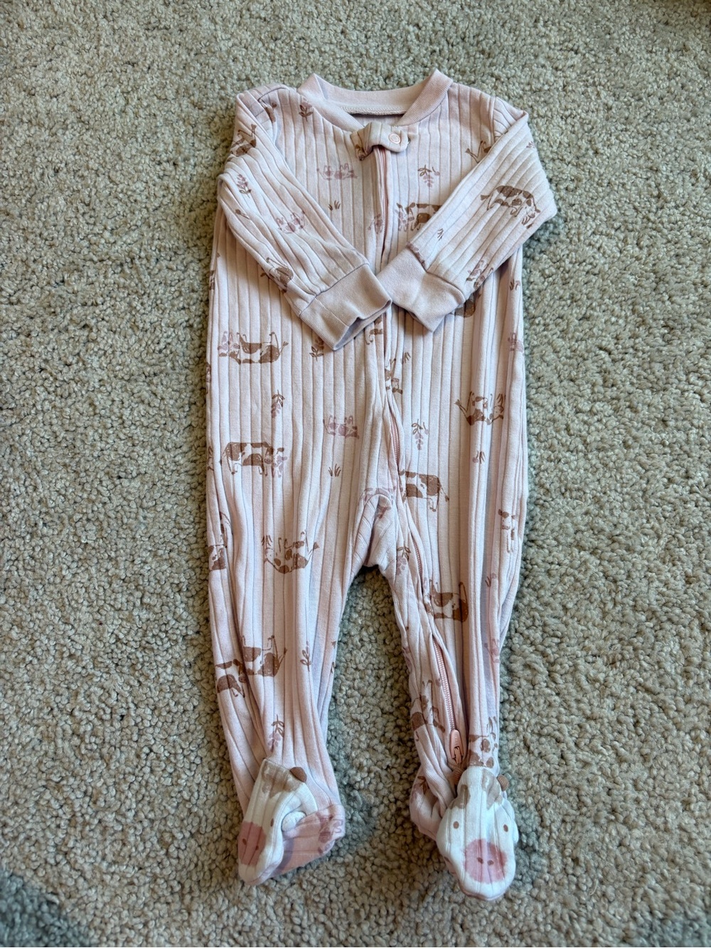 Carter's Light Pink Ribbed Footed One-Piece with Animal Print